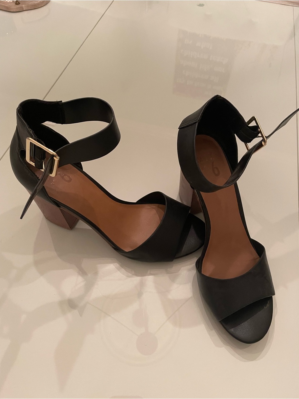 Sam Edelman Black Block Heel Ankle Strap Sandals with Gold Buckles